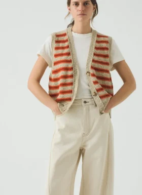 Canotta in misto lino e cotone a righe jacquard