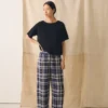 Pantaloni in misto lino e cotone a quadri con gamba a zampa | Blu/Soia
