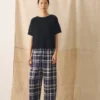 Pantaloni in misto lino e cotone a quadri con gamba a zampa | Blu/Soia